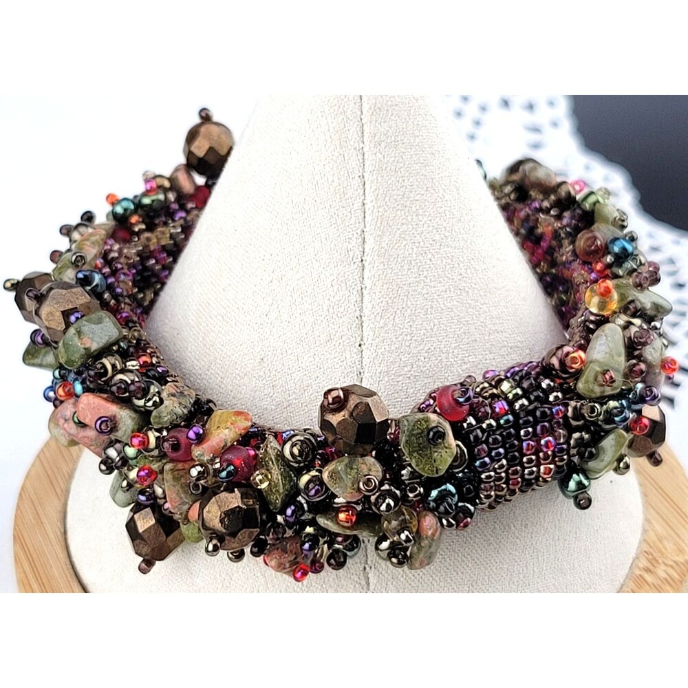 Chunky Tumbled Jasper Chip Iridized Pink Black Purple Micro Bead 7" Bracelet - Picture 2 of 12